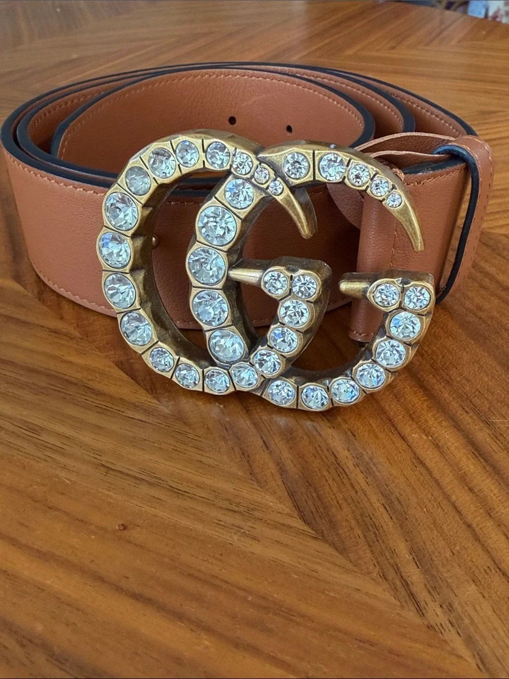 Designer-Inspired Tan Women's Leather marmot Belt with Crystal Double-G Buckle